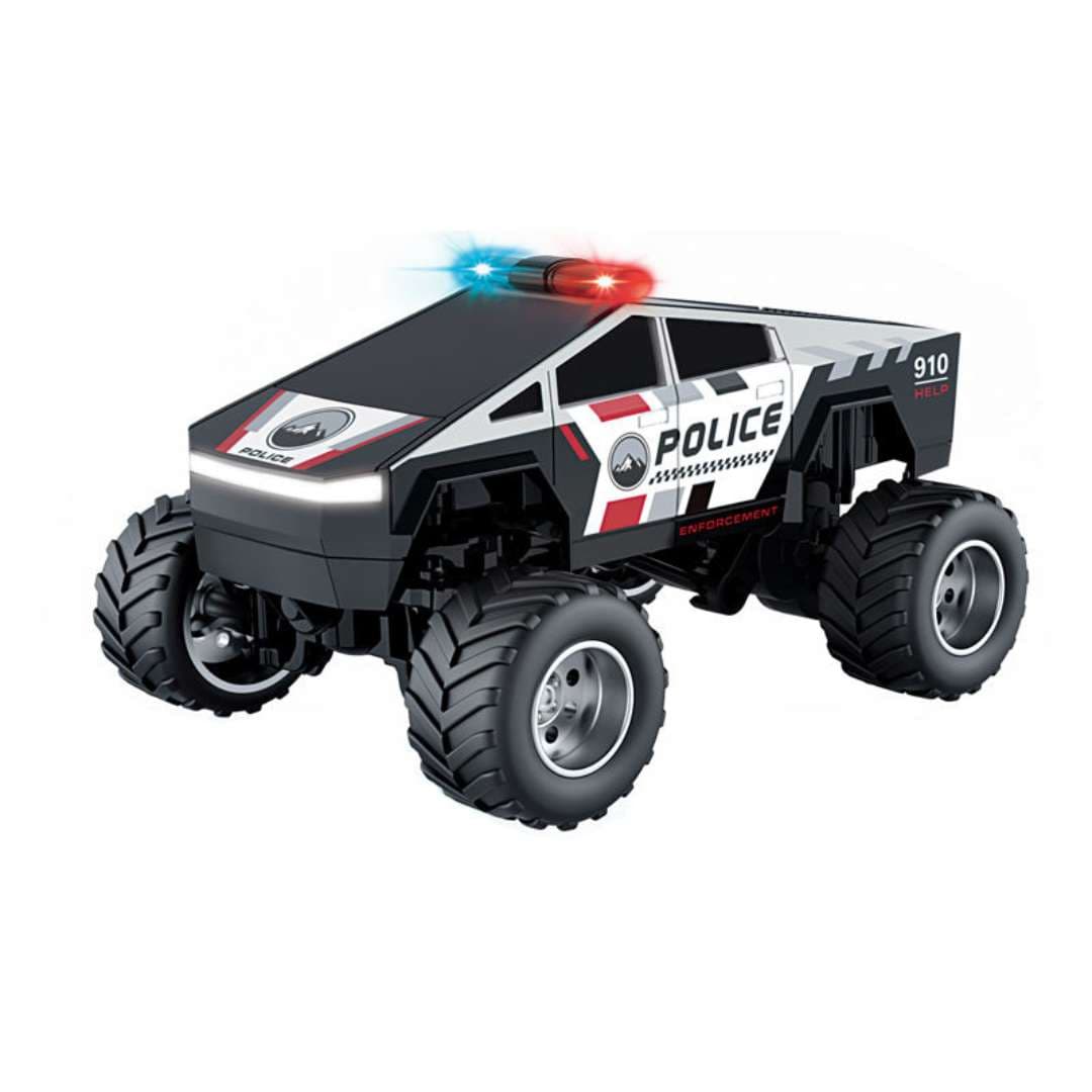 1:64 Police Monster Cyber Truck Mini Alloy RC Drift Car with Mobile App Control – 2.4GHz Rechargeable Desktop Racing Car-Black