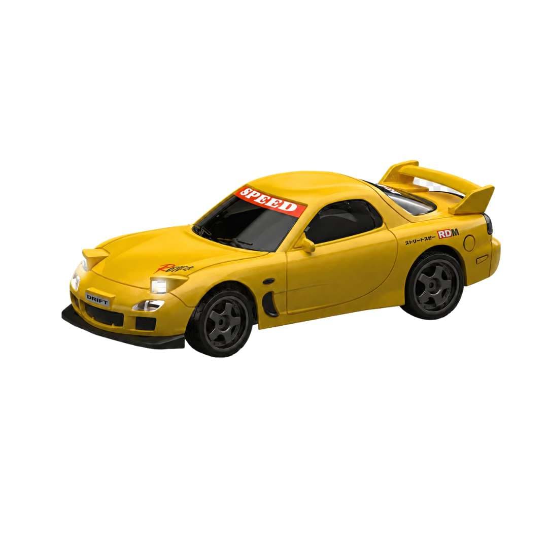 WHOOSH Mazda RX-7 K1 1:43 Scale RC Drift Car – 4WD Mini RTR Drift Racer (Yellow)