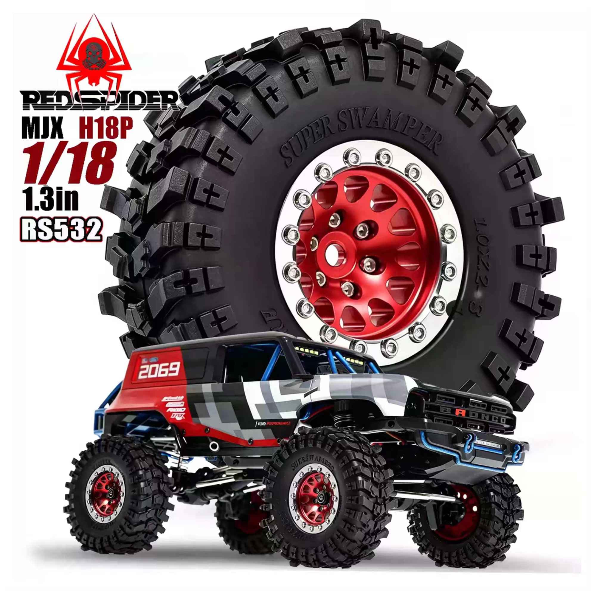 RED Spider 1.3-Inch Beadlock Wheels & Crawler Tires for 1/18 RC Cars – Red & Black