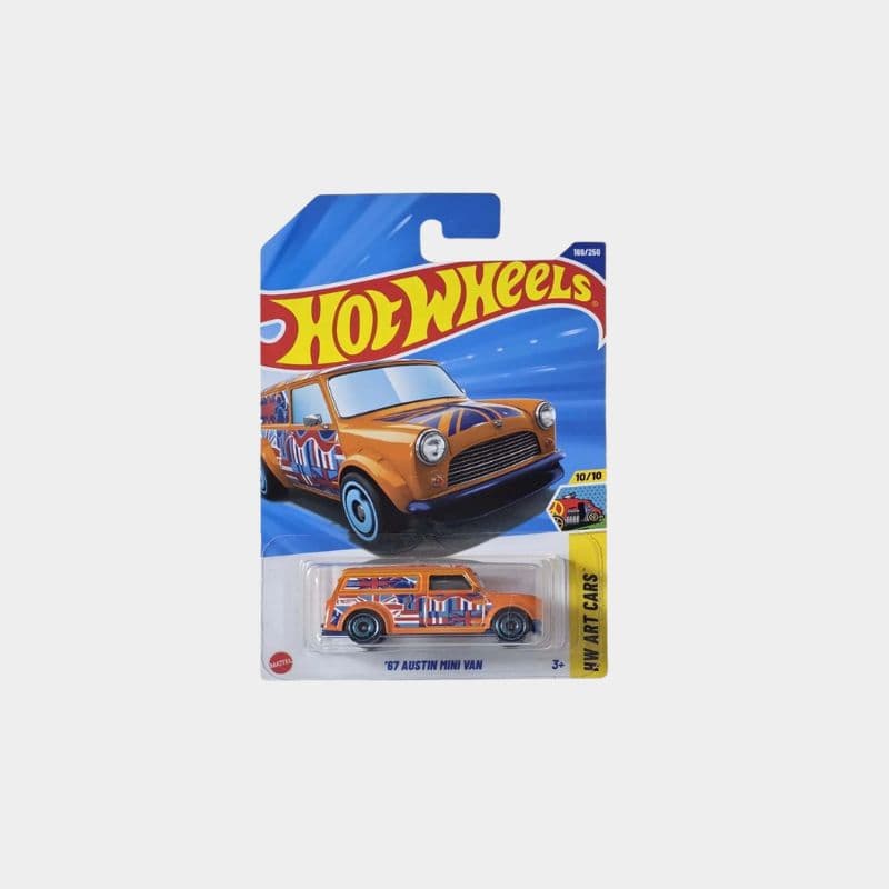 Hot Wheels 2025 – ’67 Austin Mini Van | HW Art Cars Series | Orange with Union Jack Art | 1:64 Die-Cast | 169/250