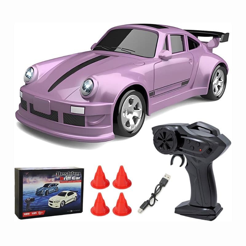 FAYEE FQD23 1:64 Scale Porsche GT Mini RC Drift Car – 4WD RTR with LED Lights, Drift Cones & Dual Speed (Blue/Pink)