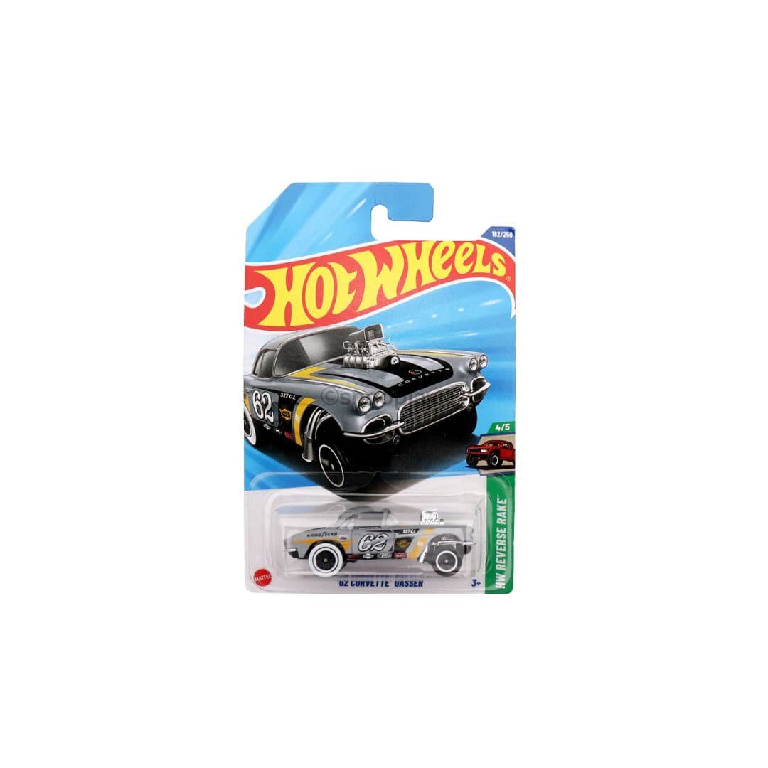 Hot Wheels ’62 Corvette Gasser – 2025 HW Reverse Rake 4/5 | Collector #182/250 – Silver Drag Racer