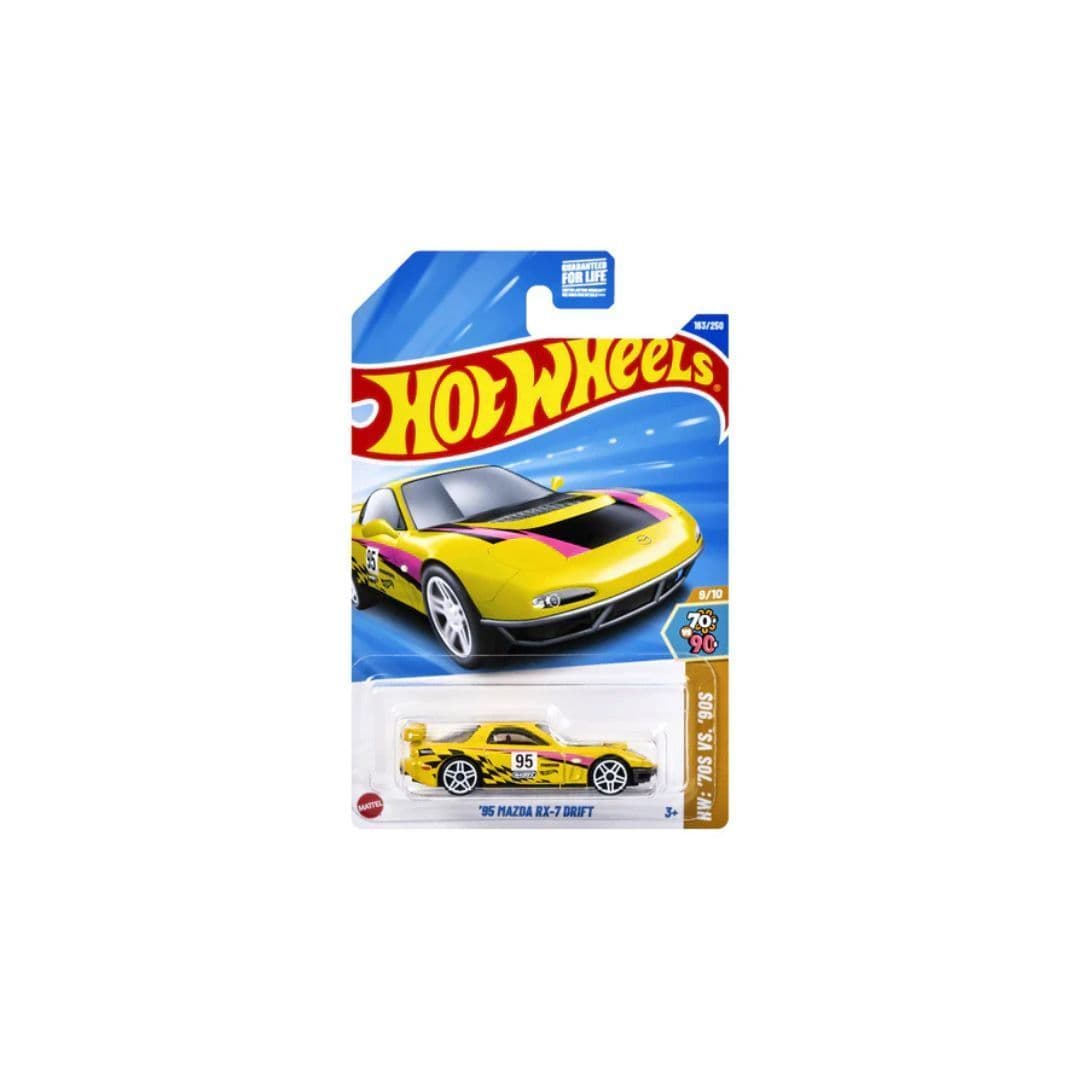 Hot Wheels ’95 Mazda RX-7 Drift – 2025 HW 70s vs 90s 8/10 | Collector #163/250 – Yellow JDM Sports Car