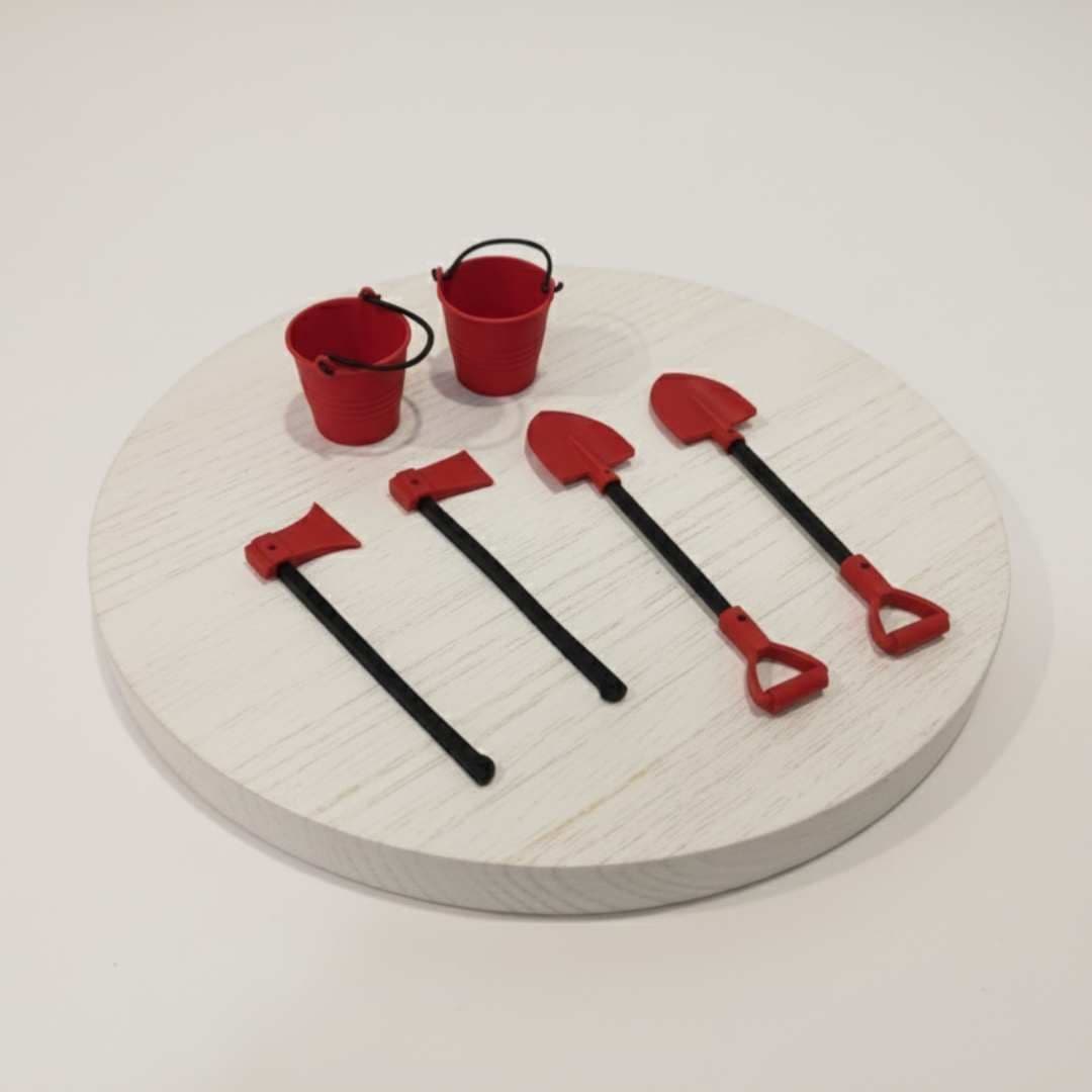 2 Shovel, 2 Axe & 2 Bucket Kit for 1/10 RC Crawlers, Trucks & Dioramas – Scale Accessory Set (6Pcs)