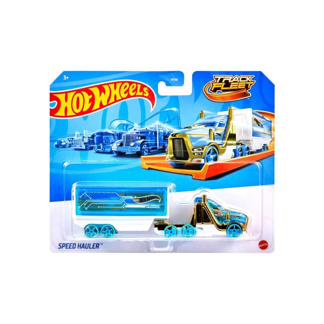 Hot Wheels Track Fleet – Speed Hauler 1:64 Die-Cast Cab & Trailer (Track Compatible, Ages 3+)