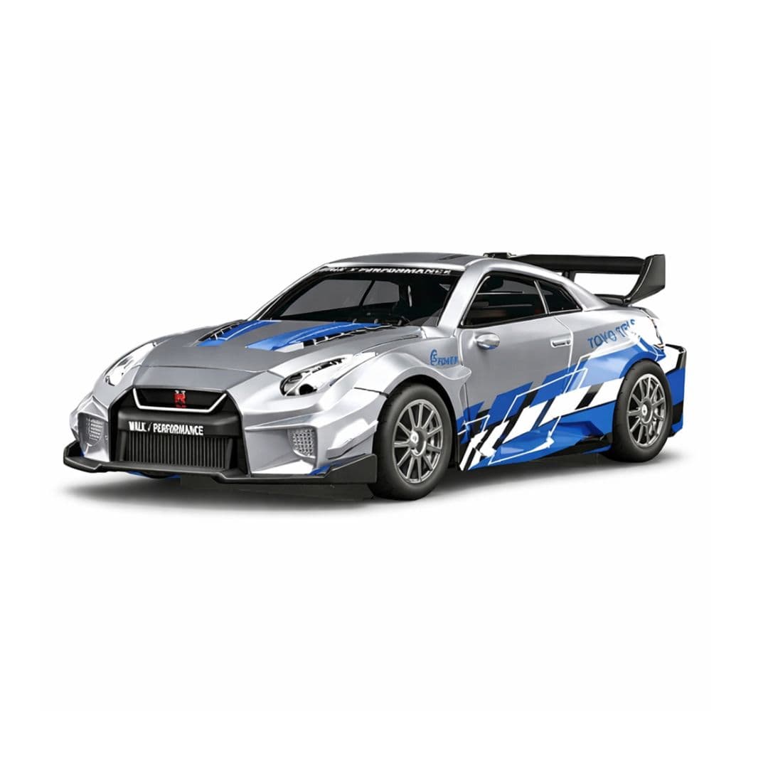 Hstar 1:43 Nissan GT-R (R35) Style Metal Alloy RC Drift Car 4WD with Gyro & LED – Liberty Walk Edition (Silver/Blue)