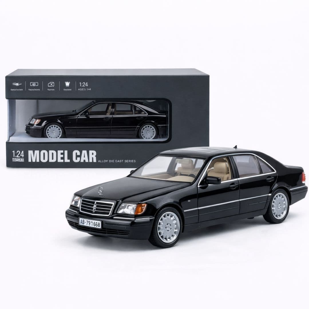 1:24 Scale Mercedes-Benz S-Class W140 S320 – Black | Premium Alloy Die-Cast Classic Sedan with Openable Doors, Pull-Back, Lights & Sound (India)