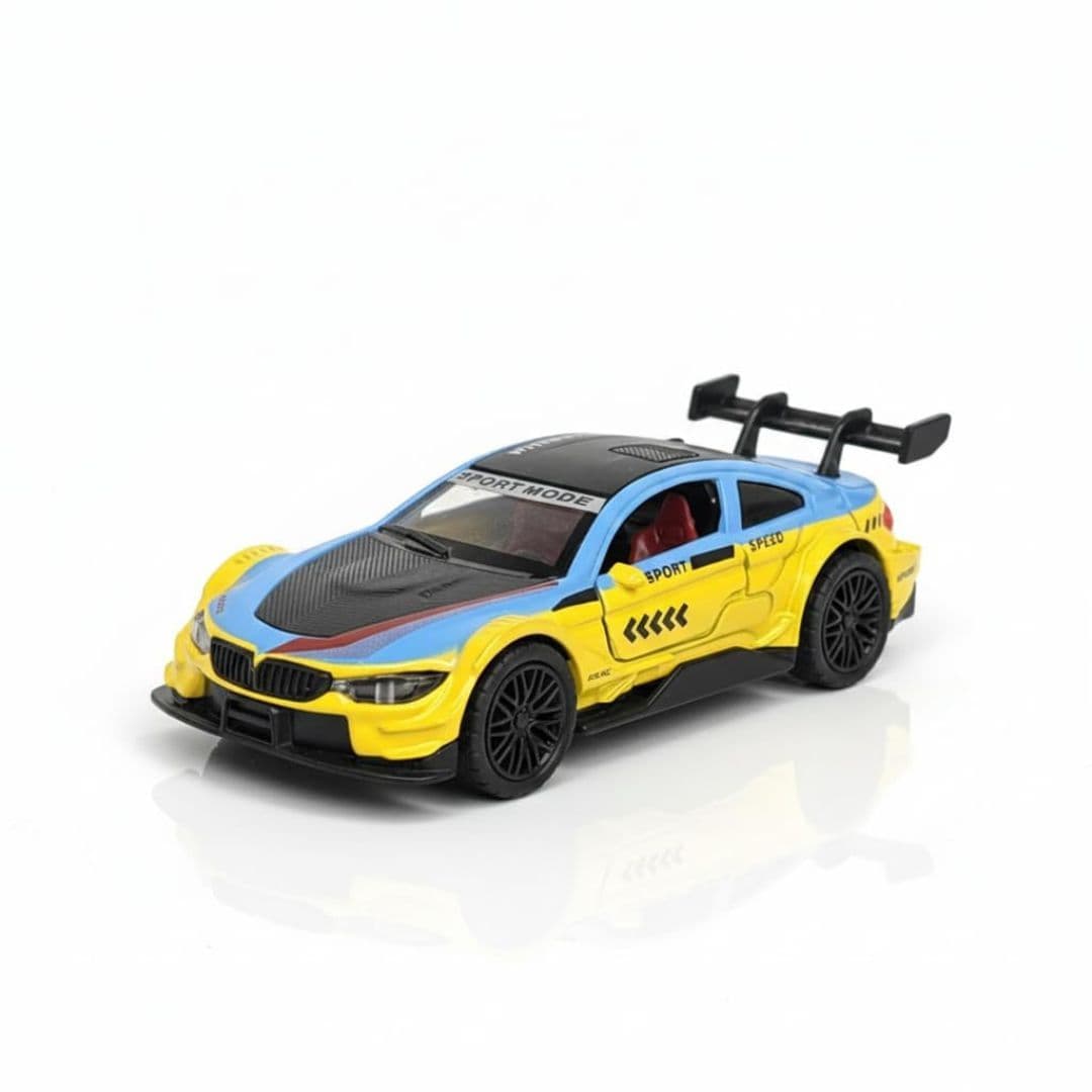 BMW M4 Sports Racing Car Die-Cast Toy – 1:36 Scale (Yellow & Blue)