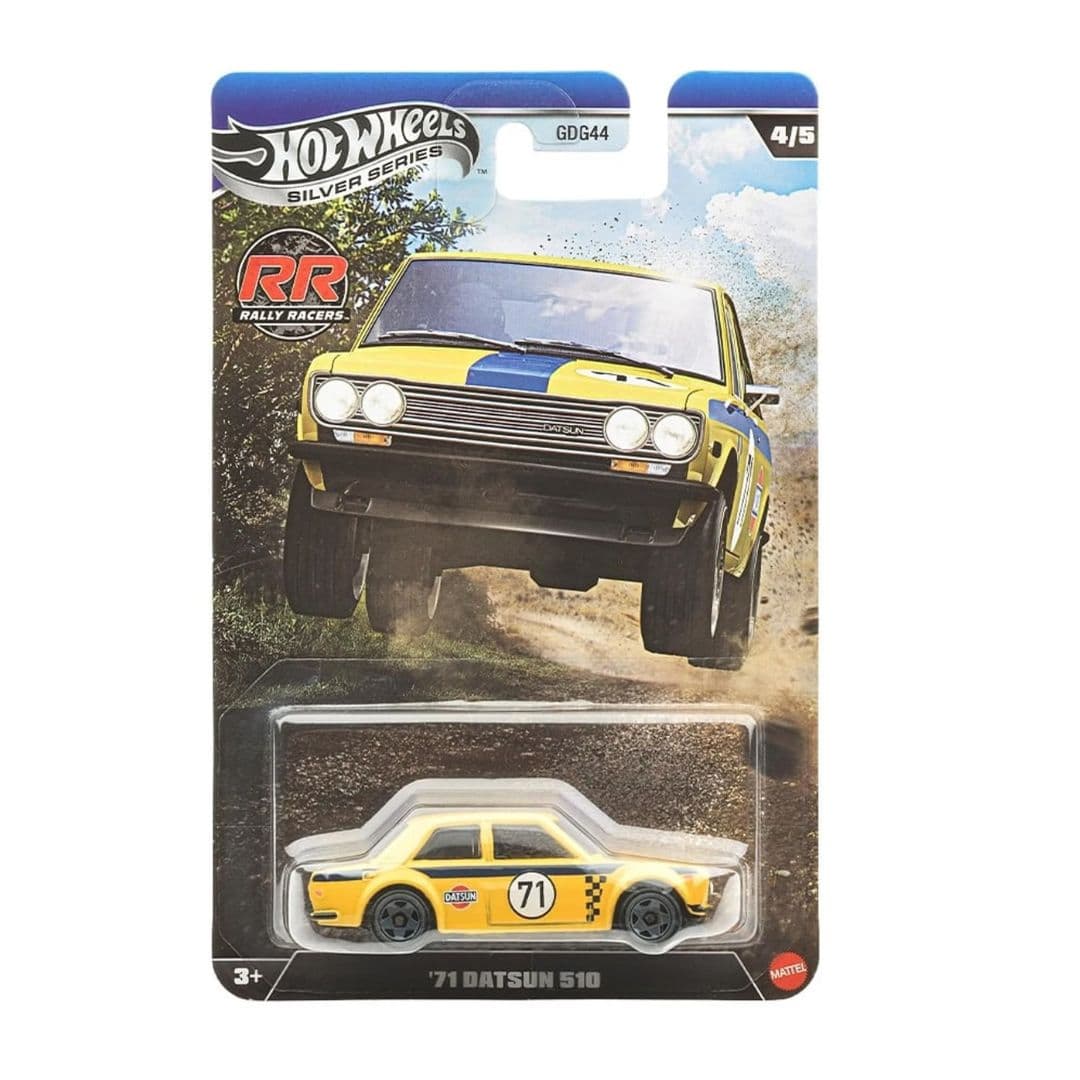 Hot Wheels Silver Series Rally Racers ‘71 Datsun 510 (Yellow) 4/5 – 1:64 Die-Cast Car
