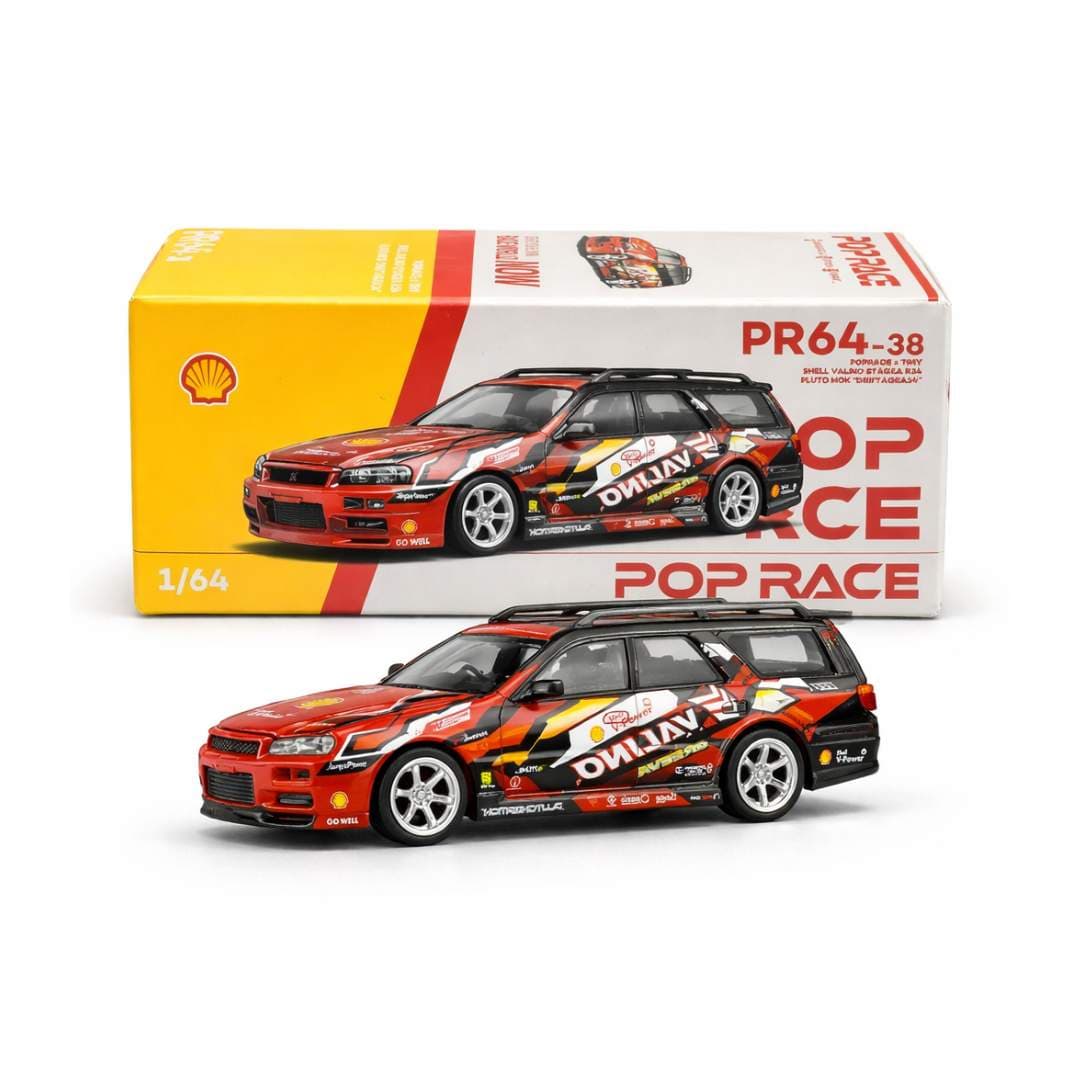 Pop Race Shell Valino Stagea R34 “Driftagea34” by Pluto Mok – 1:64 Scale Die-Cast Model (Opening Hood, PR640038)