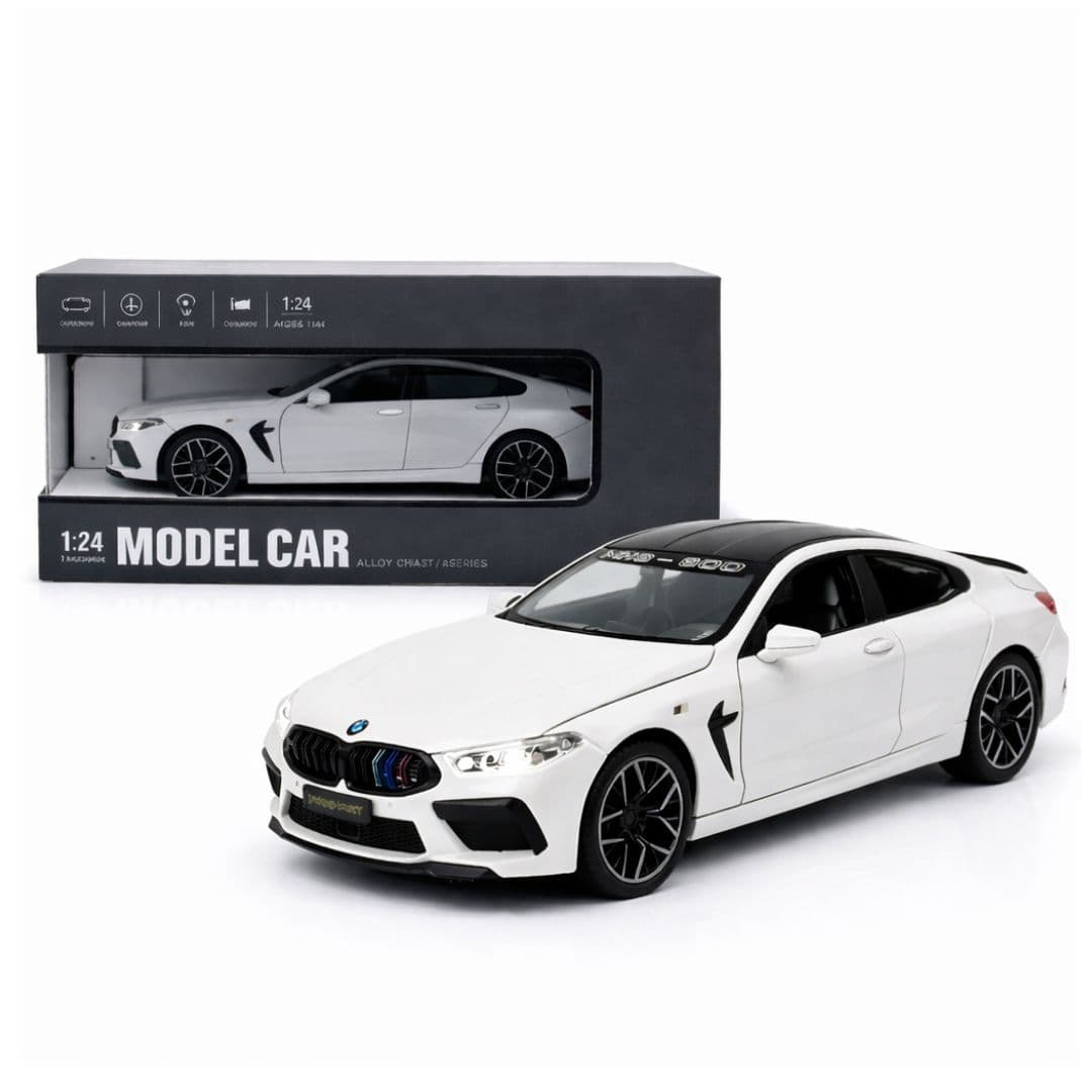 1:24 Scale BMW M8 Manhart – White | Premium Metal Die-Cast Car with Openable Doors, Pull-Back Action, Lights & Sound (India)