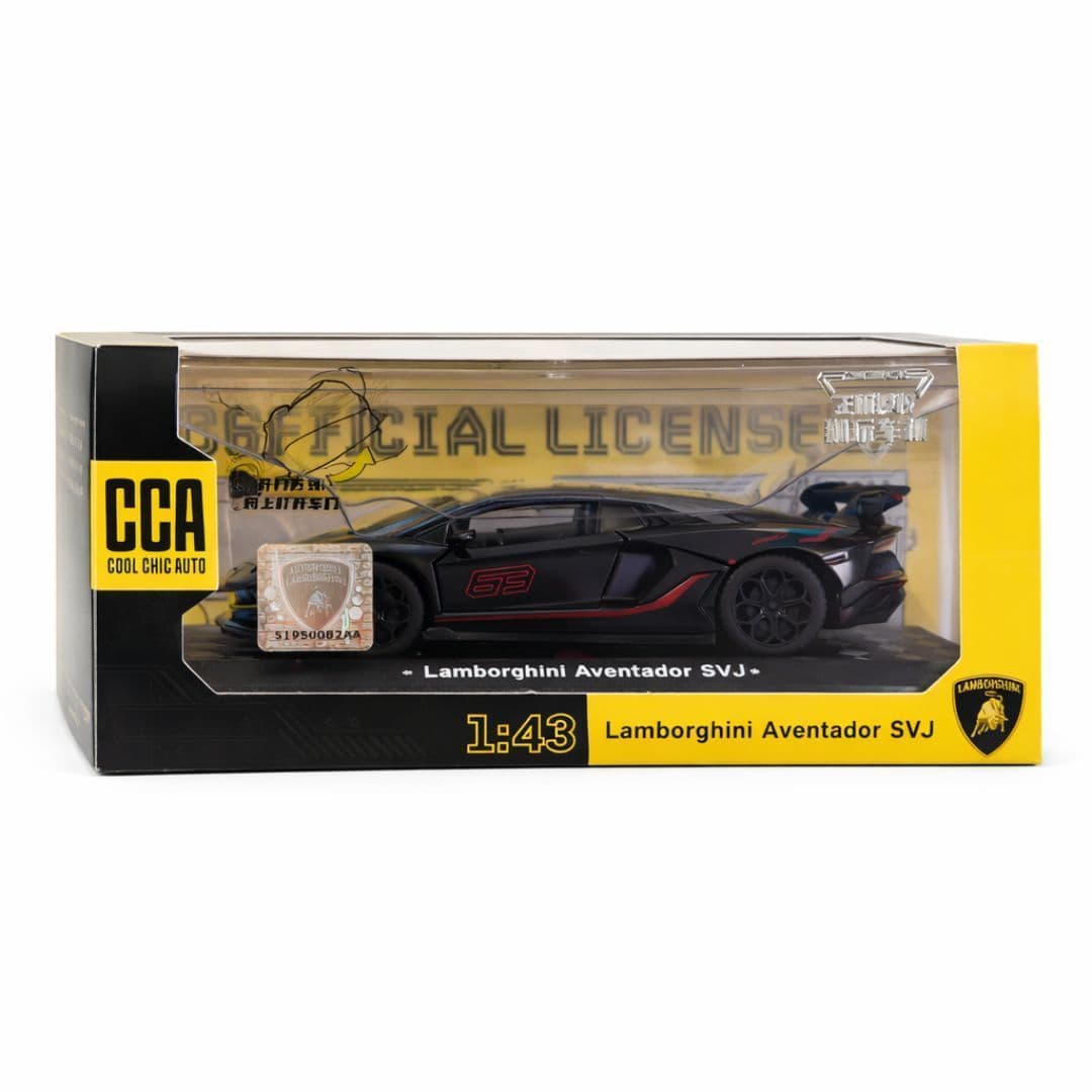 CCA Cool Chic Auto Lamborghini Aventador SVJ – Black | 1:43 Scale Die-Cast Model with Opening Doors & Pull-Back (With Display Box)