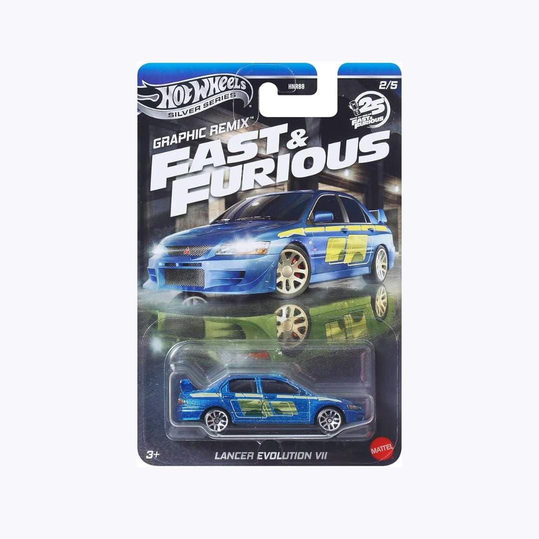 Hot Wheels Fast & Furious Graphic Remix Lancer Evolution VII – 1:64 Diecast (Silver Series, Imported)
